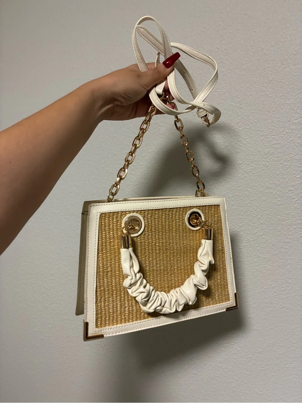 Woven Straw Accent Crossbody Bag with White Trim and Gold Chain